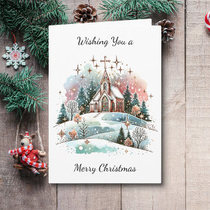 Carte Je vous souhaite un joyeux Noël Église aquarelle