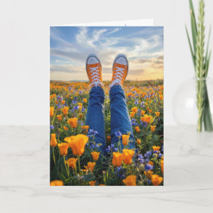 Carte Jean d'anniversaire et baskets orange dans des fle