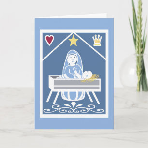 Carte Jésus bébé dans la crèche avec Marie, étoile, cœur