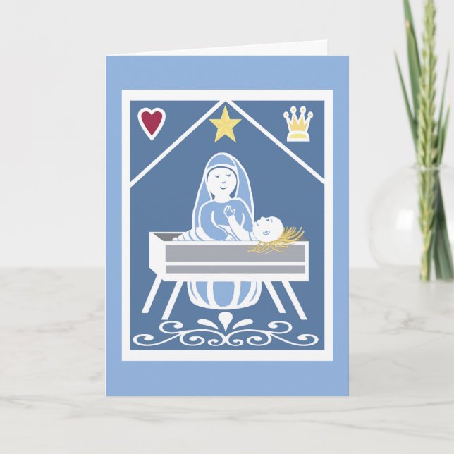 Carte Jésus bébé dans une crèche avec Marie, étoile, cœu (Devant)