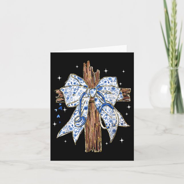 Carte Jésus Croix Bleue Coquette Bow Infirmière Stethosc (Devant)