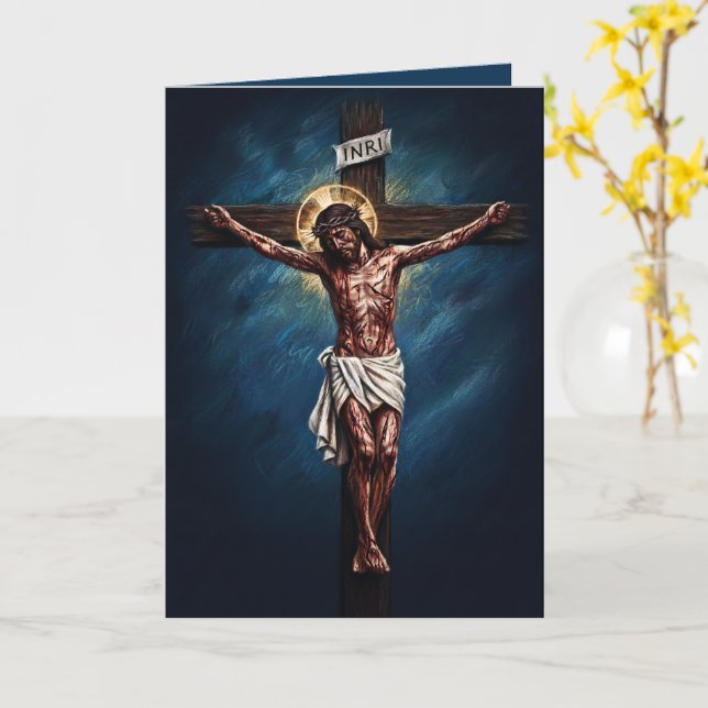 Carte Jesus Crucified Blessed Easter Card Blue (Fleur jaune)
