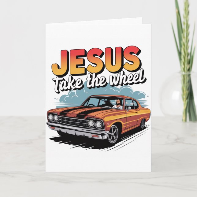 Carte Jesus Prend le Volant Voiture Musclée Vintage (Devant)