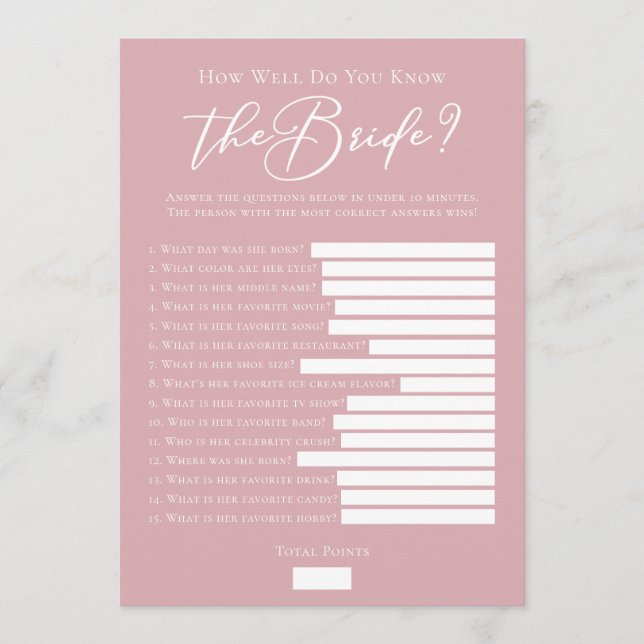 Carte Jeu de douche de mariage Rose Pink téléchargeable (Devant)