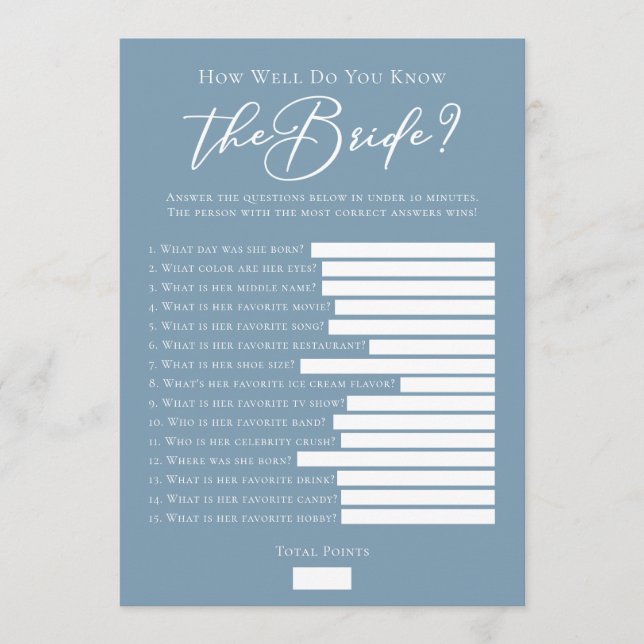 Carte Jeu de quiz de mariage chic bleu téléchargeable (Devant)
