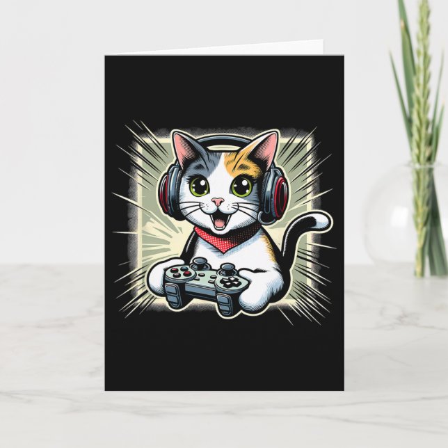 Carte Jeu vidéo avec casque chat à queue courte japonais (Devant)