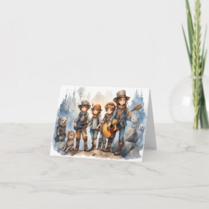 Carte Jeune Bande Jouer Guitares Aquarelle Peinture Blan