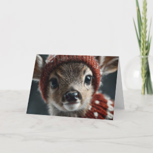 Carte Jeune Cerf Mignon avec Chapeau et Écharpe Tricotés
