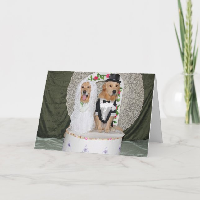 Carte Jeune couple de mariés dorés au sommet du gâteau (Devant)