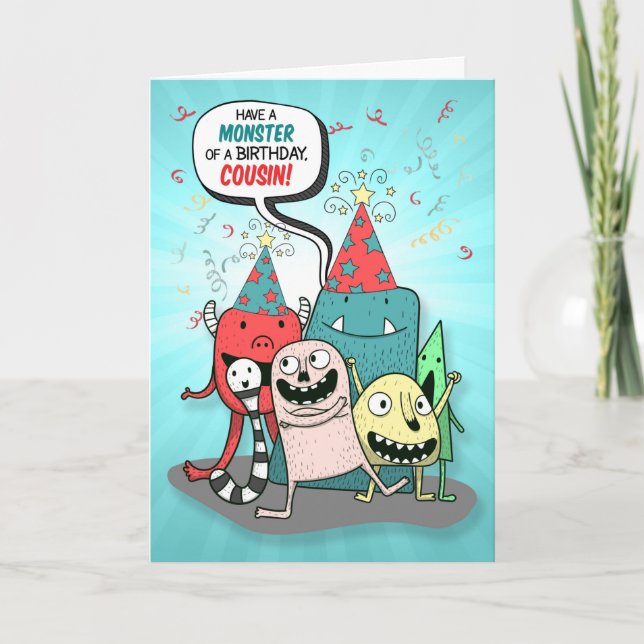 Carte Jeune Cousin Rouge et Monstre Turquoise Anniversai (Devant)