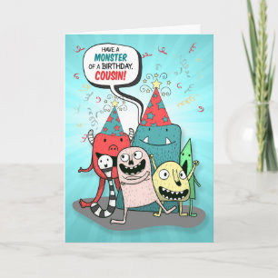 Carte Jeune Cousin Rouge et Monstre Turquoise Anniversai