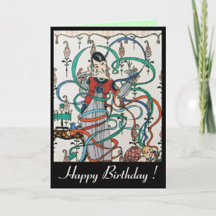 Carte JEUNE FEMME, RUBAN COLORÉ TOURBILLONNE, CUPIDON An