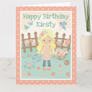Carte Jeune fille blonde de printemps dans un jardin de