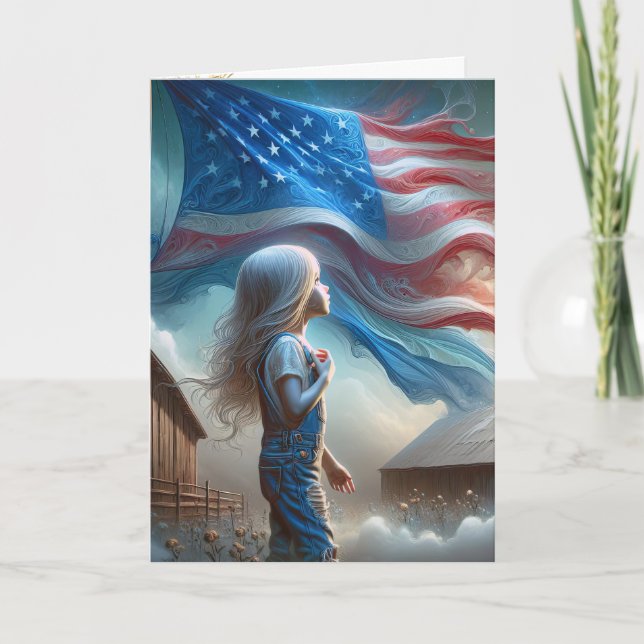 Carte Jeune Fille En Champ De Coton Avec Drapeau (Devant)