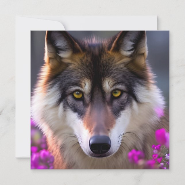Carte Jeune loup en fleurs rose fuchsia (Devant)