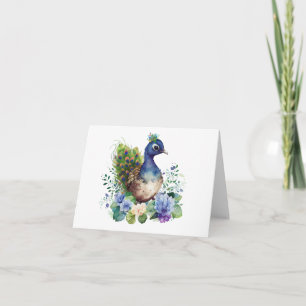 Carte Jeune Paon (Peachick, Peacock) Fleurs 2 BLANC