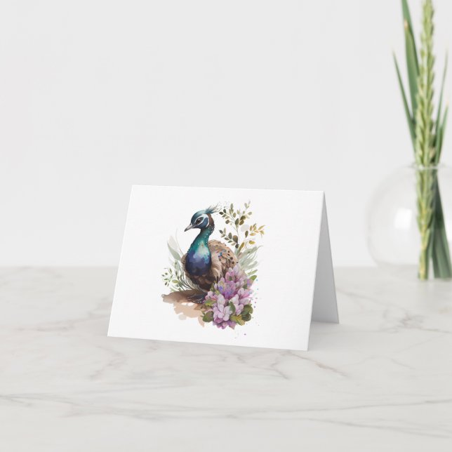 Carte Jeune Paon (Peachick, Peacock) Fleurs Salutation (Devant)