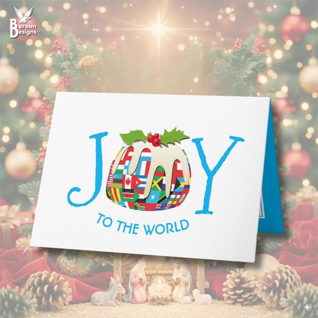 Carte JOIE AU MOUVEMENT Festif MONDIAL (Stylish JOY TO THE WORLD Christian Christmas Pudding card w/ customizable text and world flags)