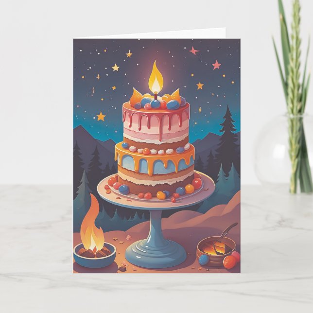 Carte Joie d'anniversaire autour d'un feu de camp (Devant)