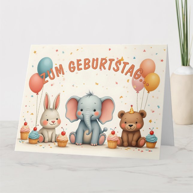 Carte Joie d'anniversaire avec des amis animaux (Devant)