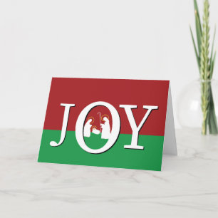 Carte JOIE DE Noël sur Rouge et Vert avec Nativité