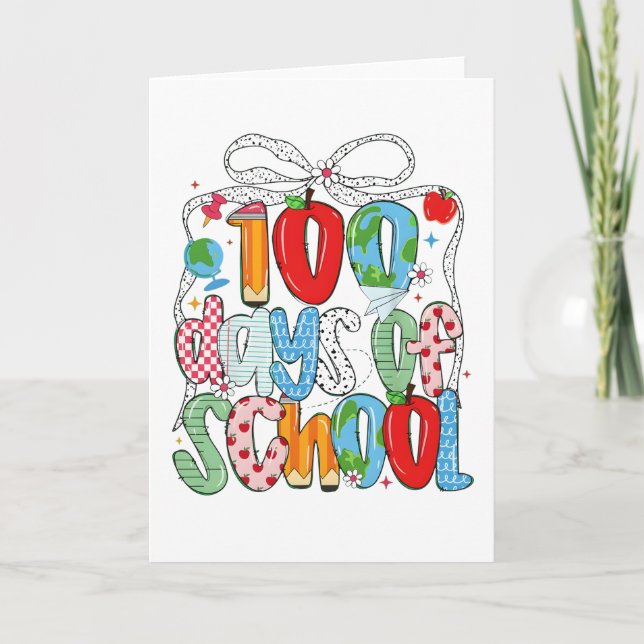 Carte Joli 100 jours d'école cœurs roses classe (Devant)