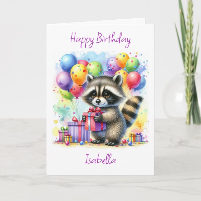 Carte Joli anniversaire au Raccoon caricaturé à l'aquare (Devant)