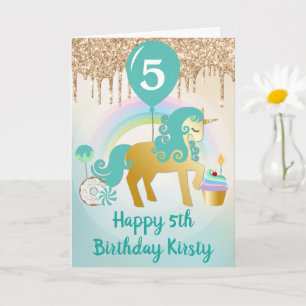 Carte Joli Anniversaire Bonbons Licorne Or et Sarcelle