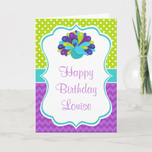Carte Joli Anniversaire Paon Vert et Violet