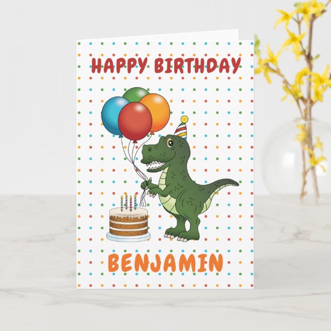 Carte Joli Anniversaire vert mignon T-rex Dinosaur color (Fleur jaune)