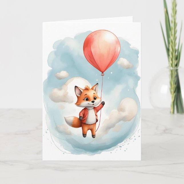 Carte Joli aquarelle Petit Renard Gros Ballon Rouge Vide (Devant)