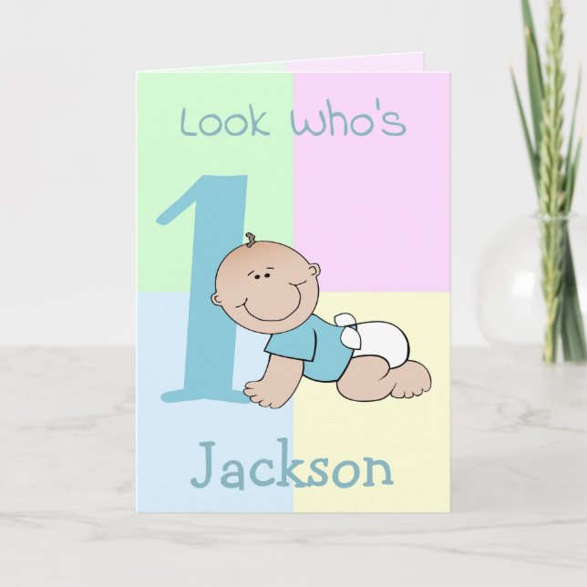 Carte Joli bébé dessin animé garçon 1er anniversaire (Devant)