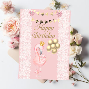 Carte Joli bébé flamant rose couronne ballons anniversai