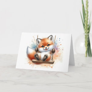 Carte Joli bébé renard sur une balançoire Aquarelle Cart