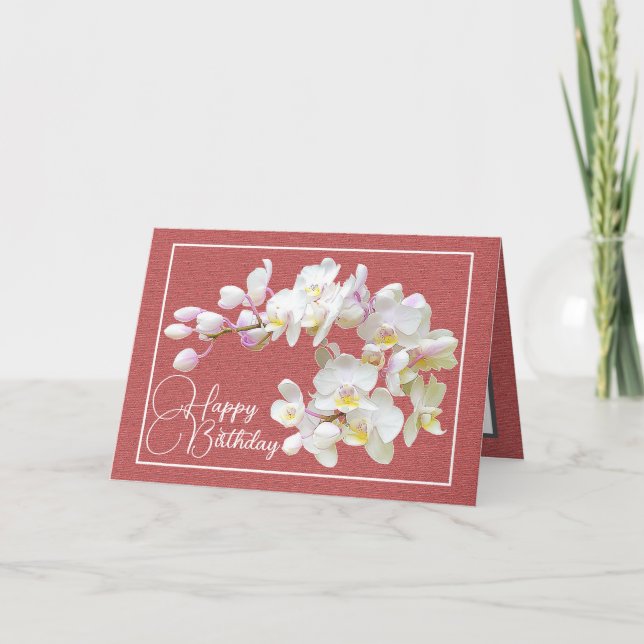 Carte Joli blanc orchidée rouge arrière-plan Joyeux anni (Devant)