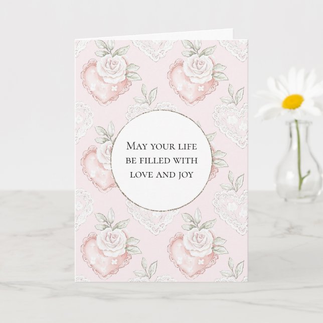 Carte Joli Blanc Roses Lace Coeurs Mariage (Petite plante)
