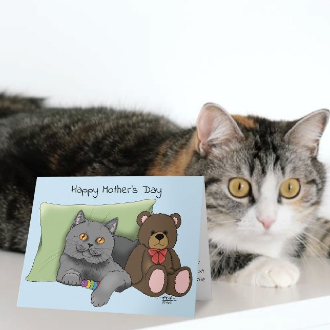 Carte Joli Bleu Adorable Gris Meilleure Maman Chat Fête  (Créateur téléchargé)