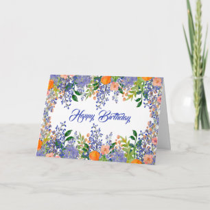Carte Joli bleu orange Floral Aquarelle Anniversaire