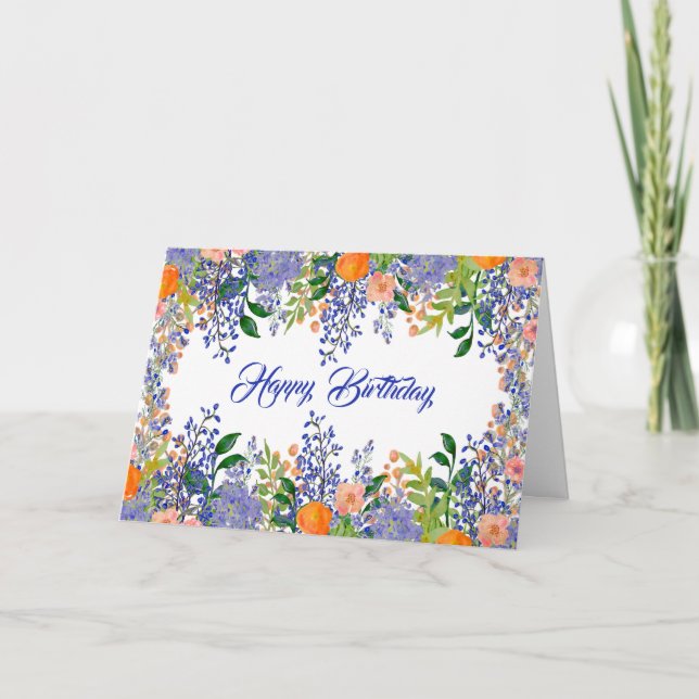 Carte Joli bleu orange Floral Aquarelle Anniversaire (Devant)