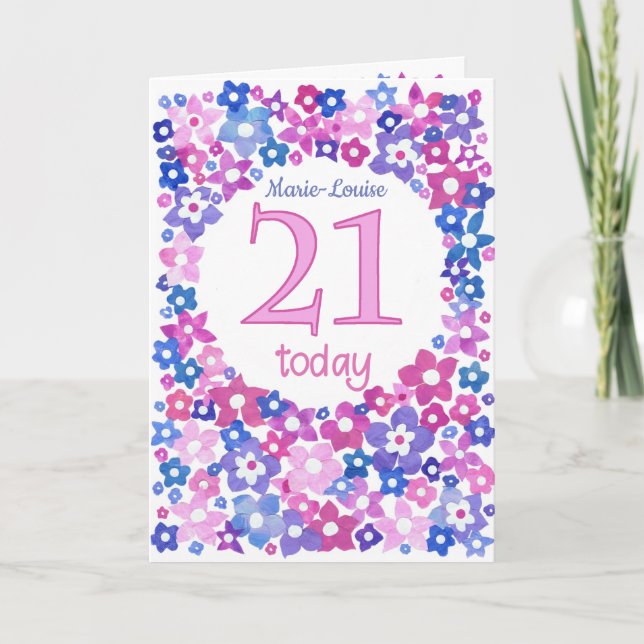 Carte Joli bleu rose Floral Personnalisé Front 21e anniv (Devant)