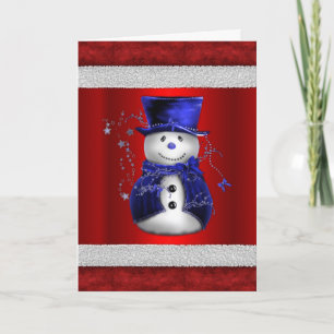Carte Joli bonhomme de neige bleu sur un Noël rouge