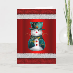 Carte Joli bonhomme de neige vert sur Noël rouge