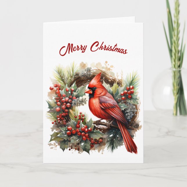 Carte Joli Cardinal Rouge Illustration Noël (Devant)