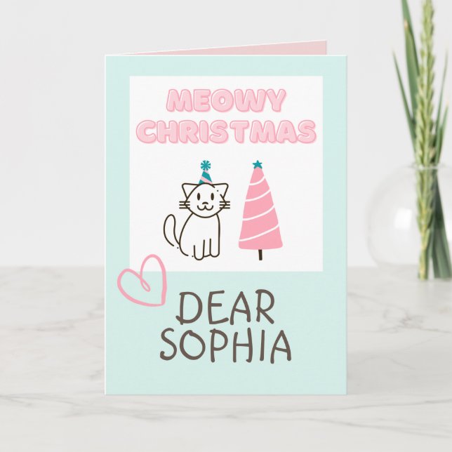 Carte Joli Chat au Chapeau & Arbre Joyeux Noël Pastel (Devant)