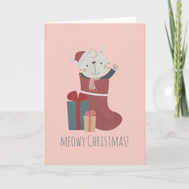 Carte Joli chat blanc en chaussettes de Noël (Devant)