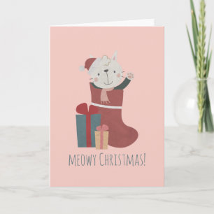 Carte Joli chat blanc en chaussettes de Noël