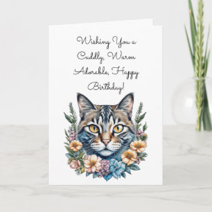 Carte Joli Chat Câlin dans Fleurs Aquarelle Anniversaire