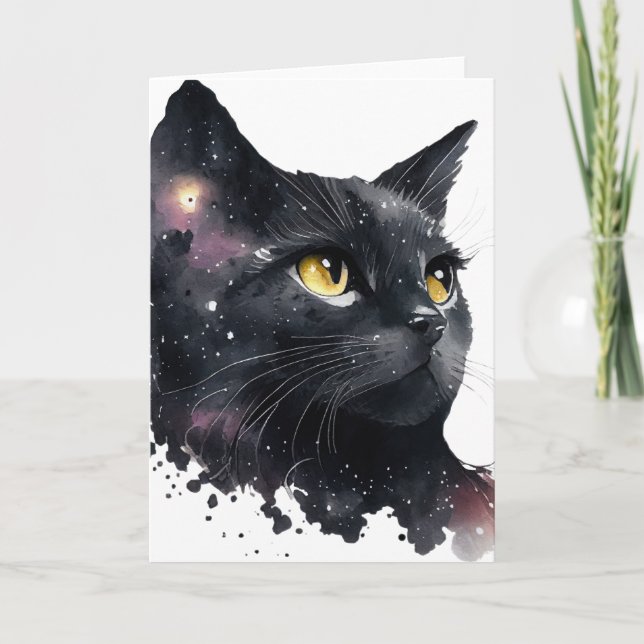 Carte Joli Chat Cosmique Noir Aquarelle (Devant)