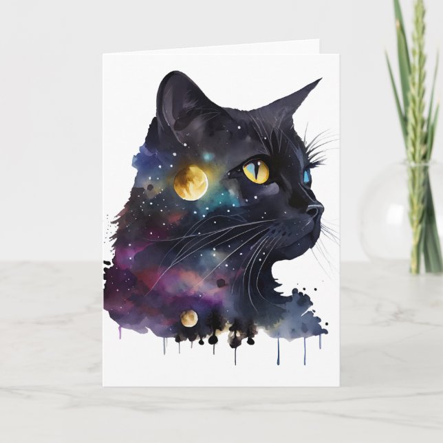 Carte Joli Chat Cosmique Noir Aquarelle Espace (Devant)