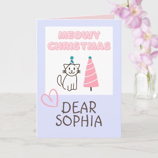 Carte Joli Chat dans un Chapeau & Arbre Joyeux Noël Past (Orchidée)